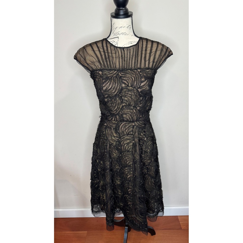 Tadashi Shoji Black Gold Rosette Tulle Cocktail Dress sz 4 - Picture 2 of 7